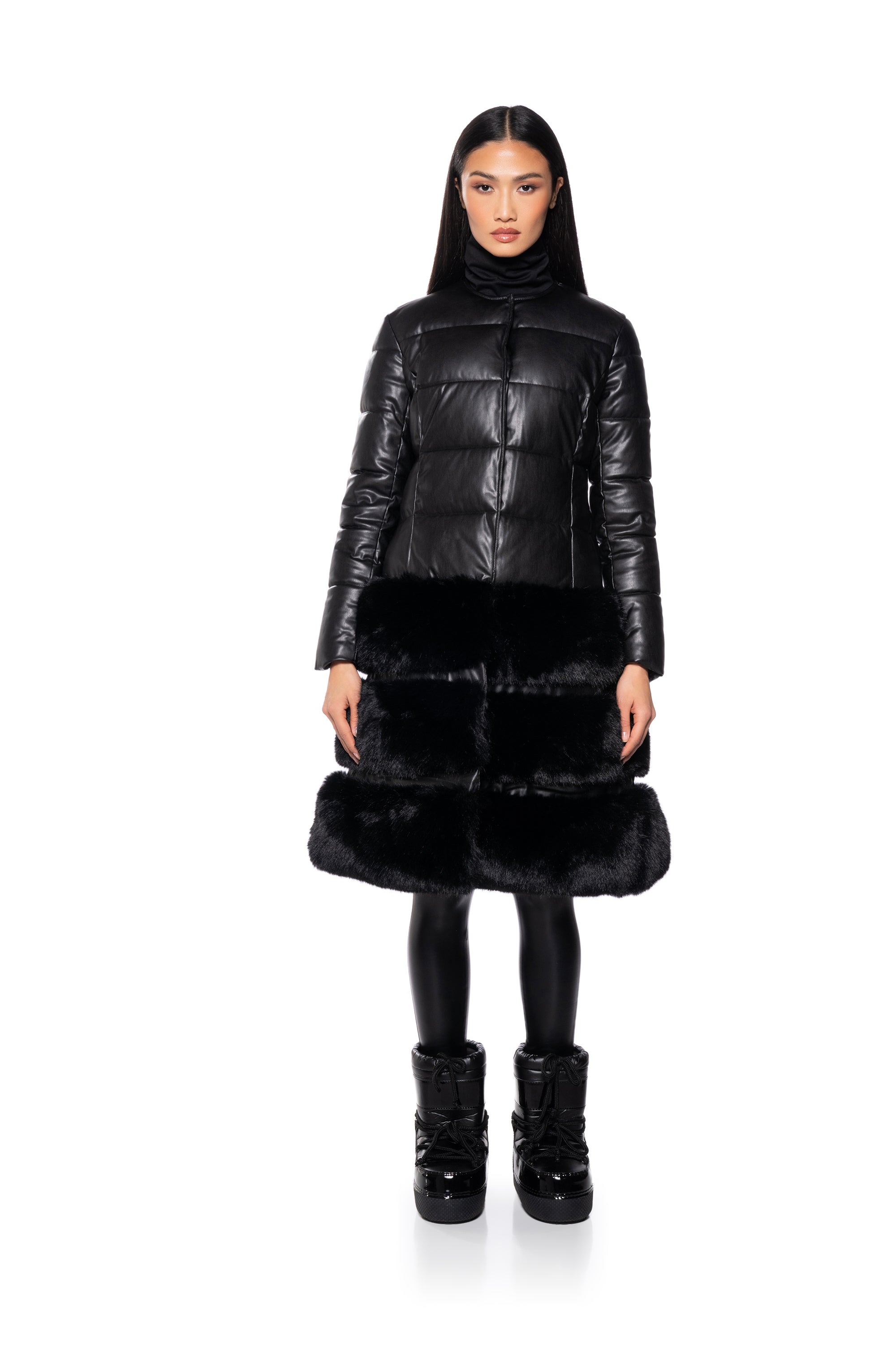 Extra View Twirl Hybrid Faux Leather Puffer Trench With Faux Fur Hem