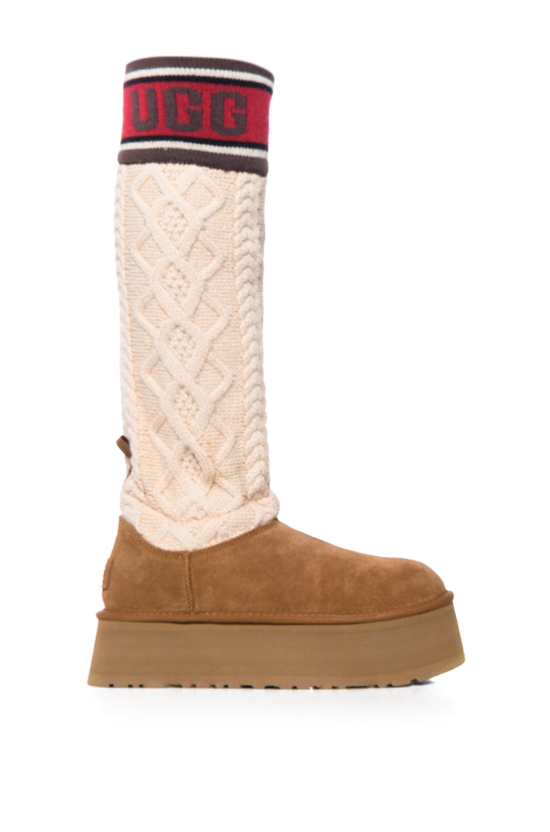 Back View Ugg Classic Sweater Letter Boot In Chestnut