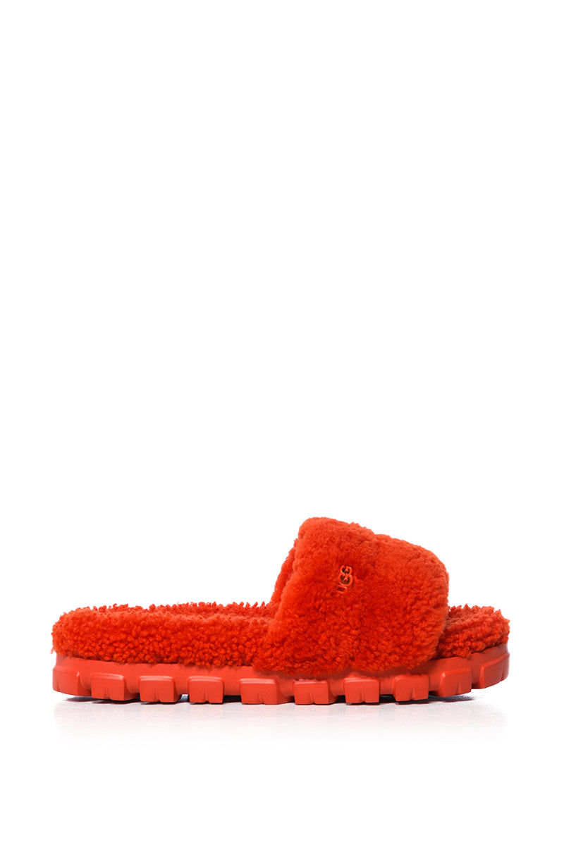 Back View Ugg Cozetta Curly Genuine Shearling Slide Slipper In Red