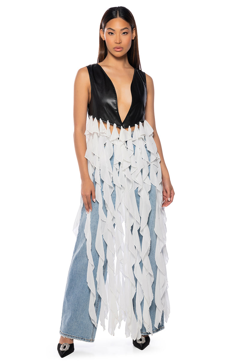 Front View Uh Oh Honey Waterfall Ruffle Vest In White