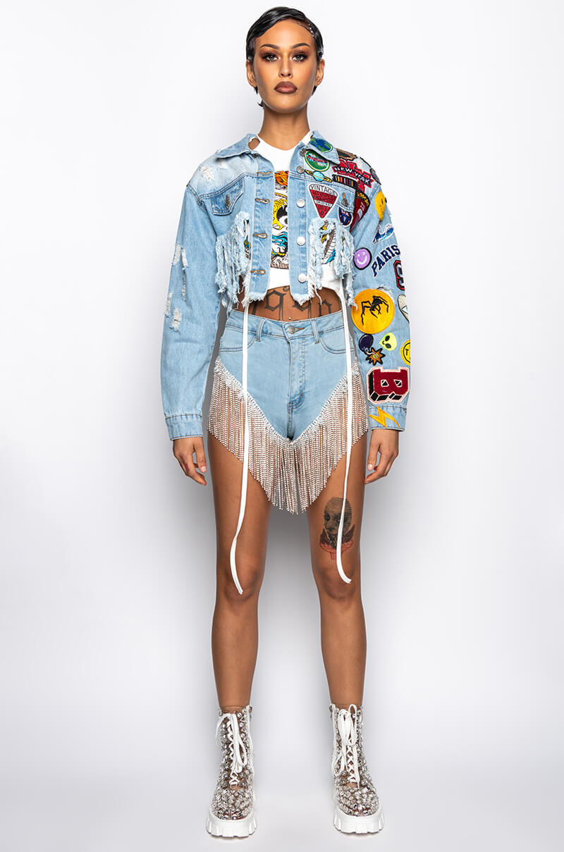 Extra View Ultra Crop Denim Jacket With Patches