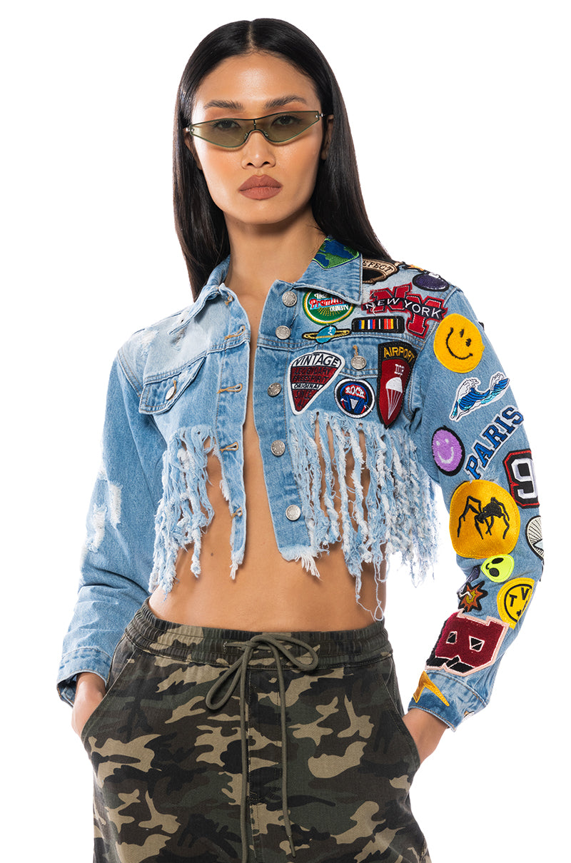 Side View Ultra Crop Denim Jacket With Patches