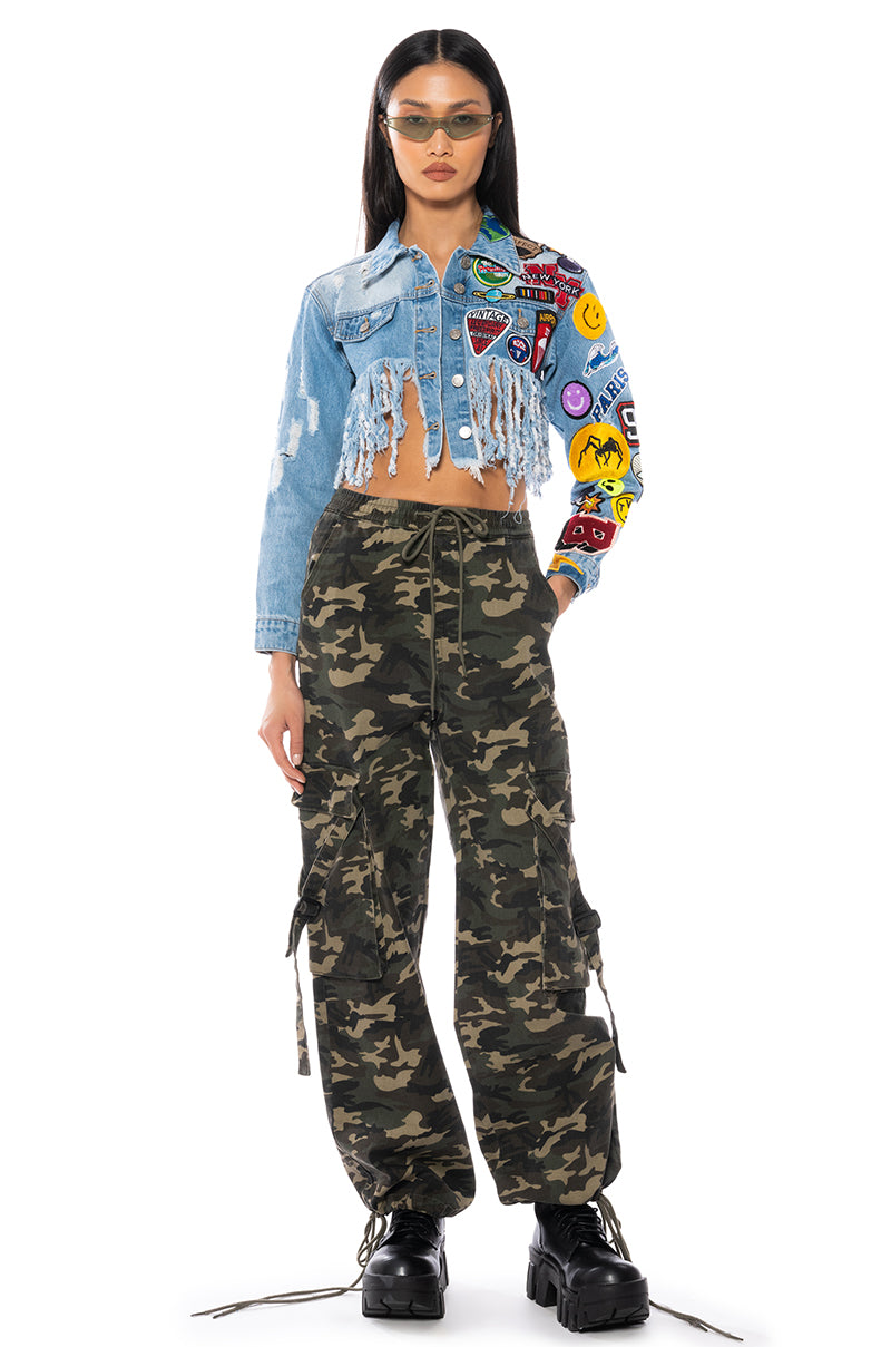 Back View Ultra Crop Denim Jacket With Patches