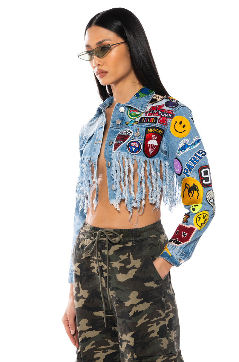 Detail View Ultra Crop Denim Jacket With Patches