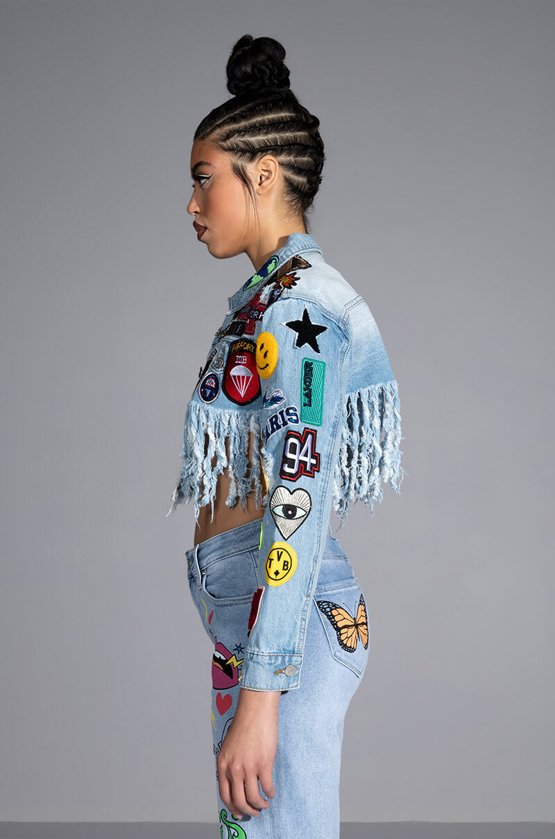 Full View Ultra Crop Denim Jacket With Patches