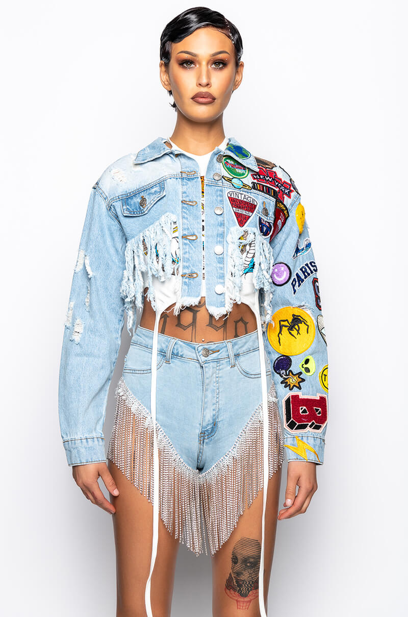 Extra View Ultra Crop Denim Jacket With Patches
