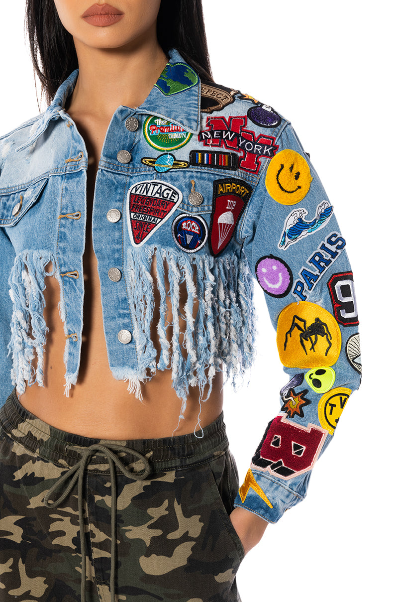 Extra View Ultra Crop Denim Jacket With Patches