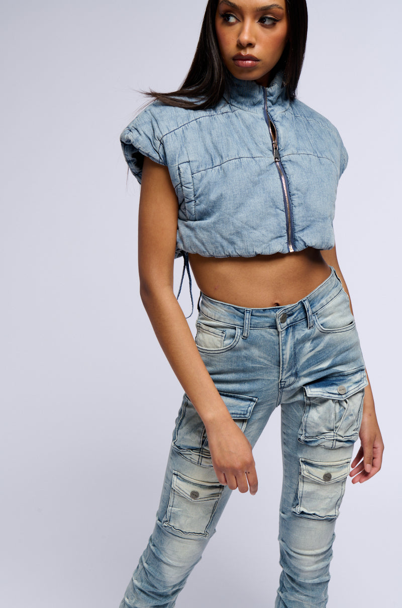 Back View Ultra Crop Denim Vest With Pull Strings