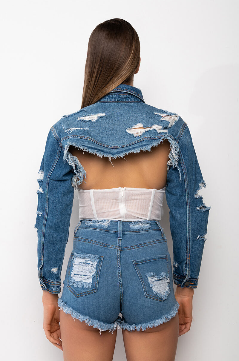 Extra View Ultra Crop Distressed Denim Jacket