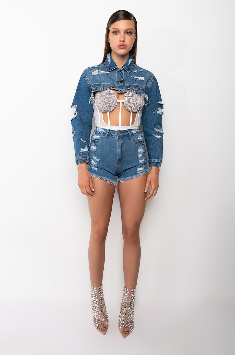 Extra View Ultra Crop Distressed Denim Jacket
