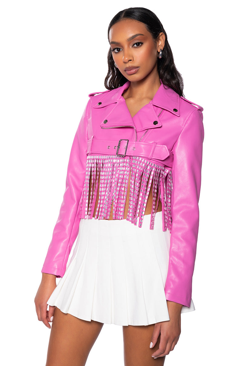 Front View Ultra Crop Moto With Dripping Rhinestones