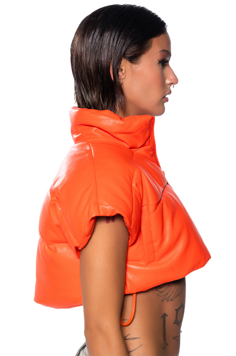 Detail View Ultra Crop Pu Vest With Pull Strings In Orange