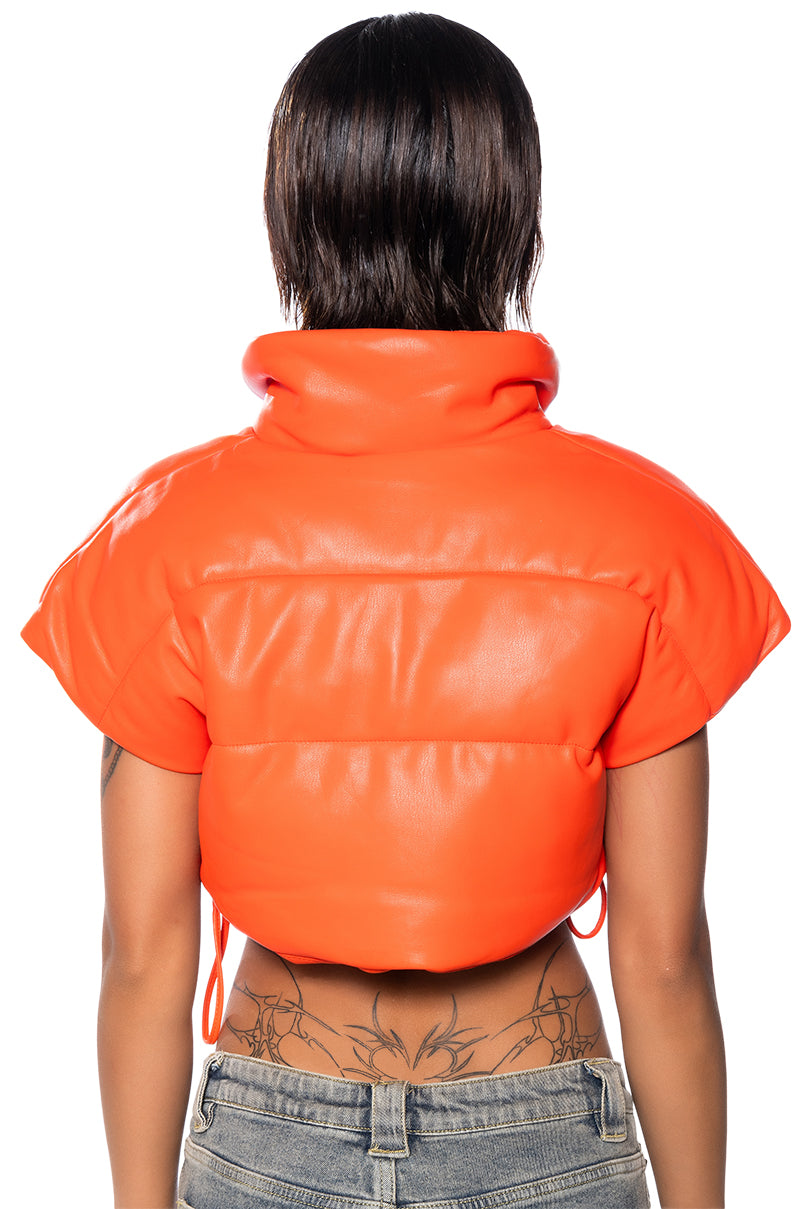 Full View Ultra Crop Pu Vest With Pull Strings In Orange