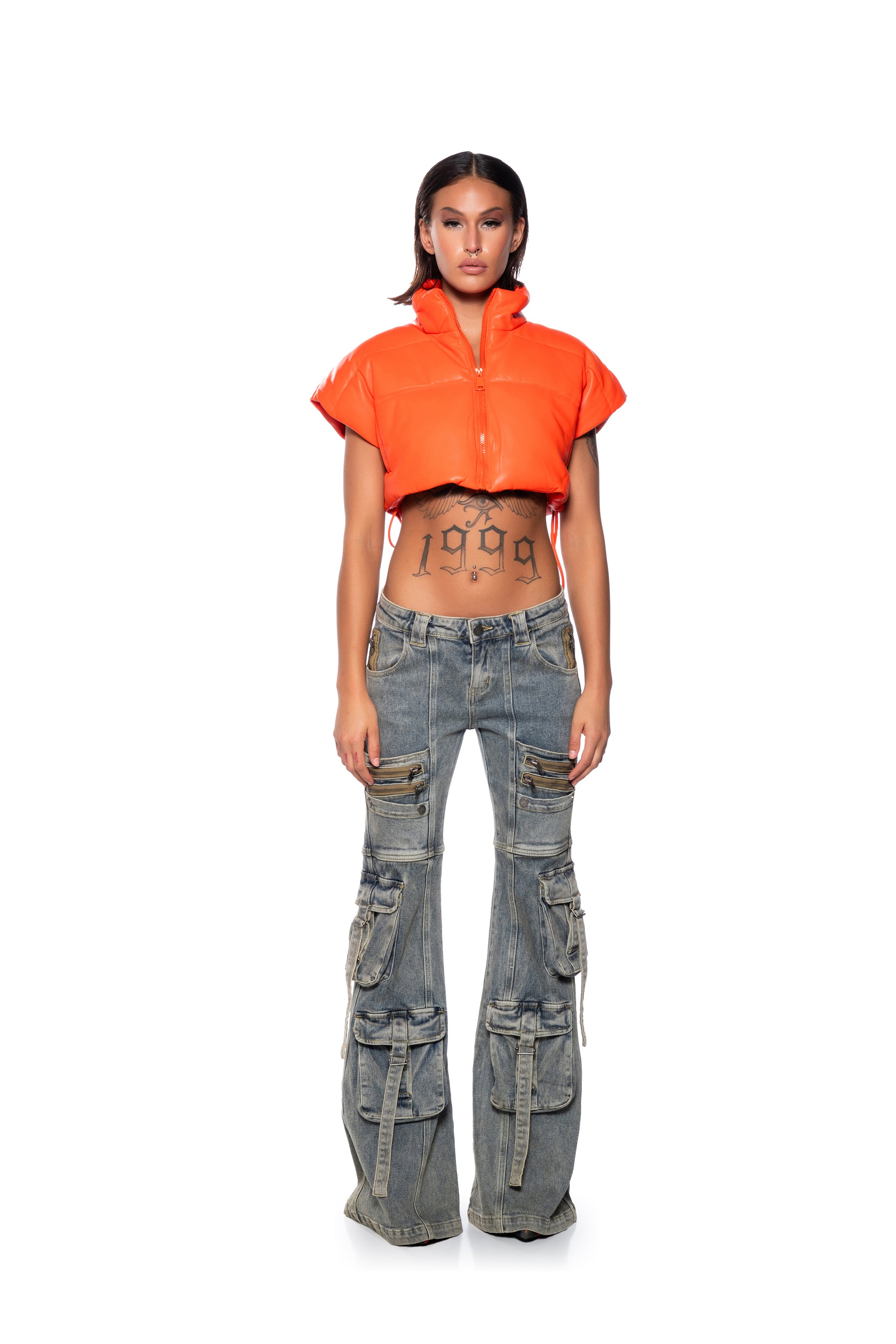 Extra View Ultra Crop Pu Vest With Pull Strings In Orange