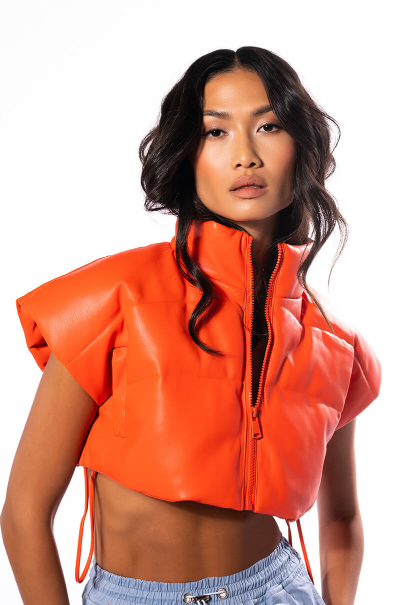 Side View Ultra Crop Pu Vest With Pull Strings