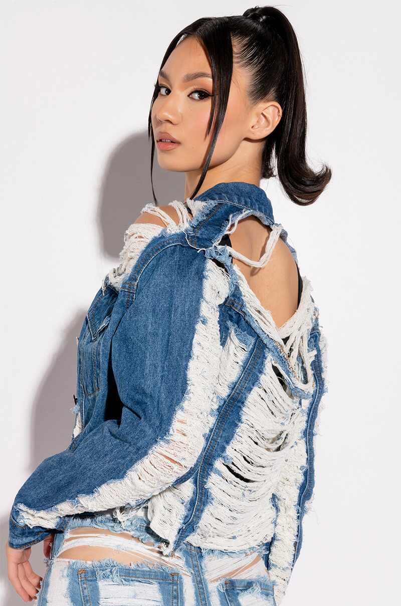 Front View Ultra Distressed Crop Denim Jacket