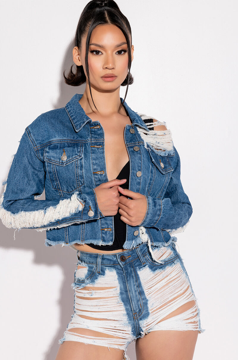 Side View Ultra Distressed Crop Denim Jacket