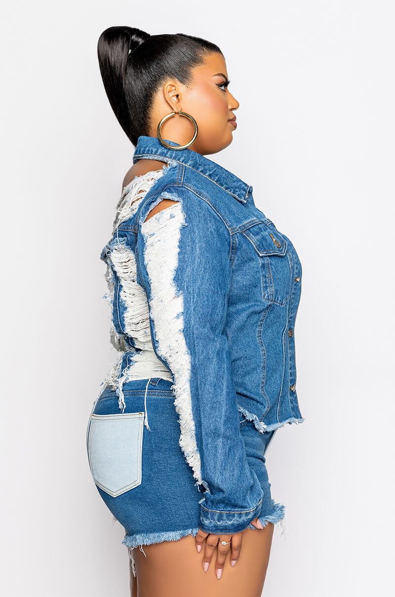 Detail View Ultra Distressed Crop Denim Jacket