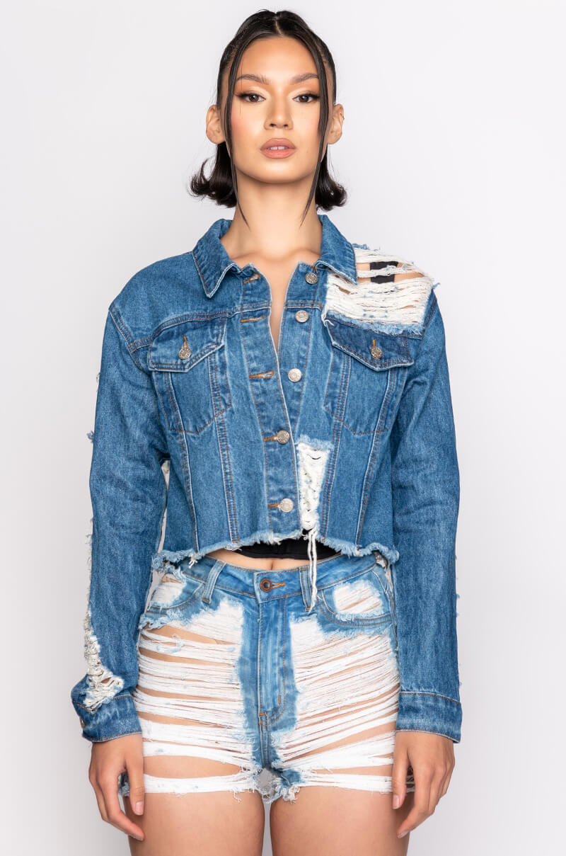 Full View Ultra Distressed Crop Denim Jacket