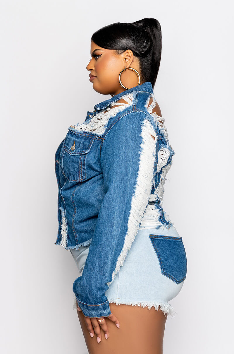 Full View Ultra Distressed Crop Denim Jacket