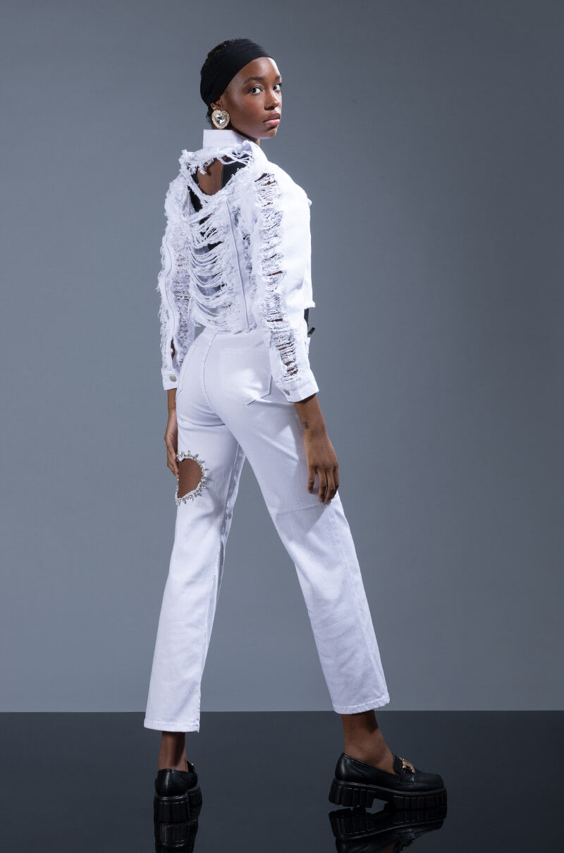 Detail View Ultra Distressed Crop Denim Jacket