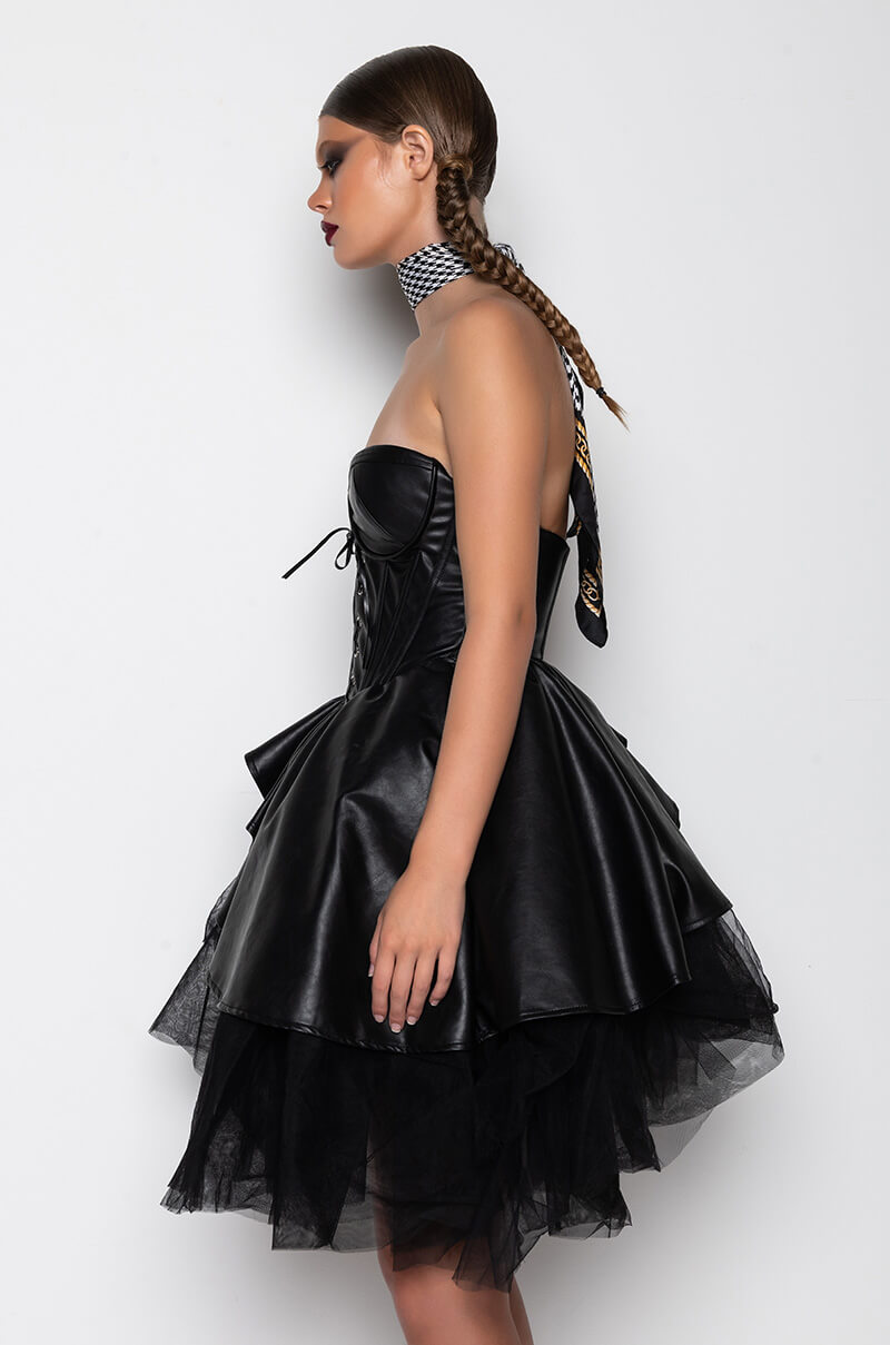 ULTRA FAB FASHION DRESS WITH ATTACHED CORSET AND TULLE SKIRT BLACK AKIRA ULTRA FAB FASHION DRESS WITH ATTACHED CORSET AND TULLE SKIRT BLACK AKIRA