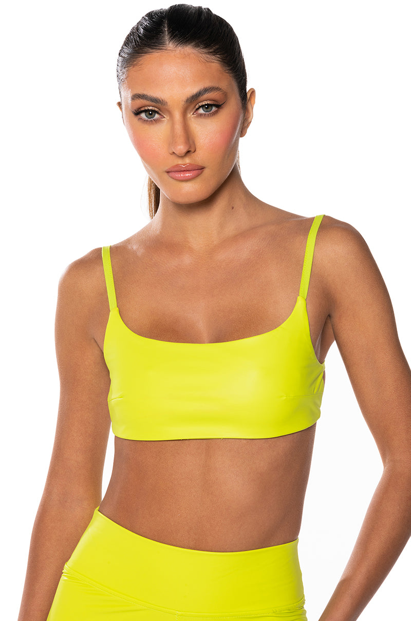 Front View Ultra Lux Faux Leather Bralette In Lime Green