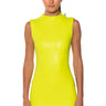 Front View Ultra Lux Faux Leather Mock Neck Mini Dress With 4 Way Stretch In Lime Green