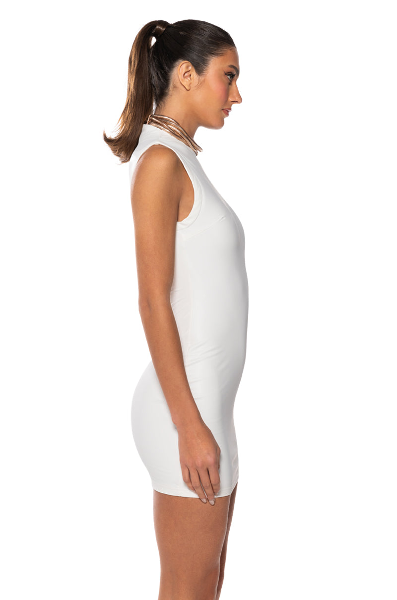 Detail View Ultra Lux Faux Leather Mock Neck Mini Dress With 4 Way Stretch In White