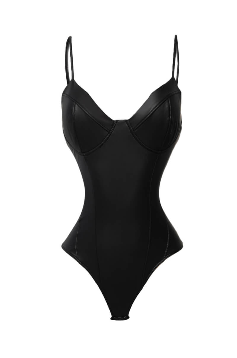 Front View Ultra Stretch Faux Leather Bodysuit