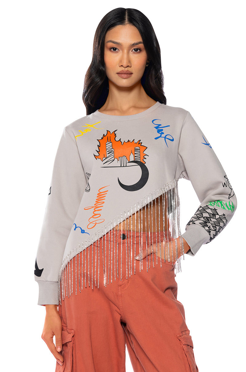 Front View Ultrachic Embellished Rhinestone Fringe Sweatshirt