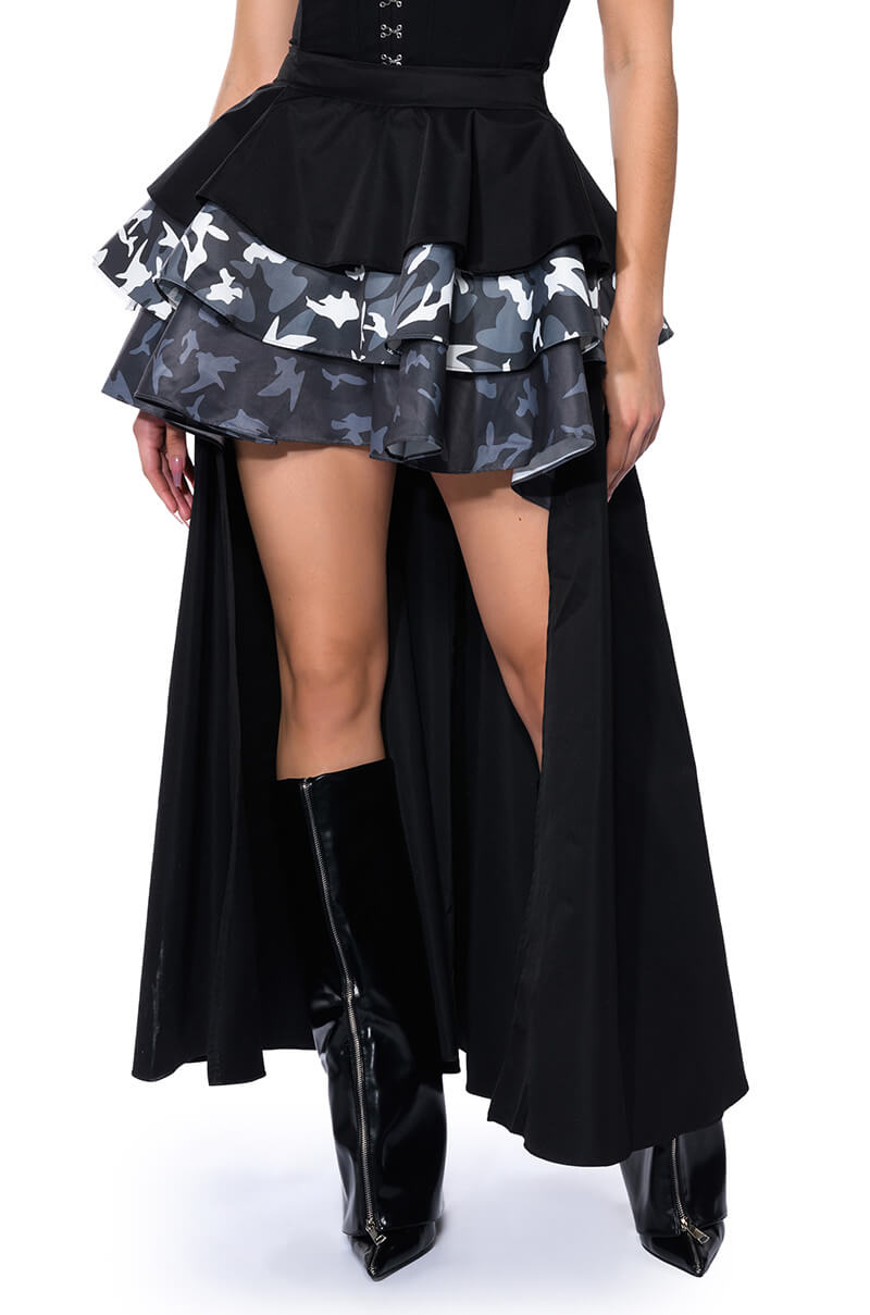 Front View Unbothered High Low Hem Ruffle Maxi Skirt