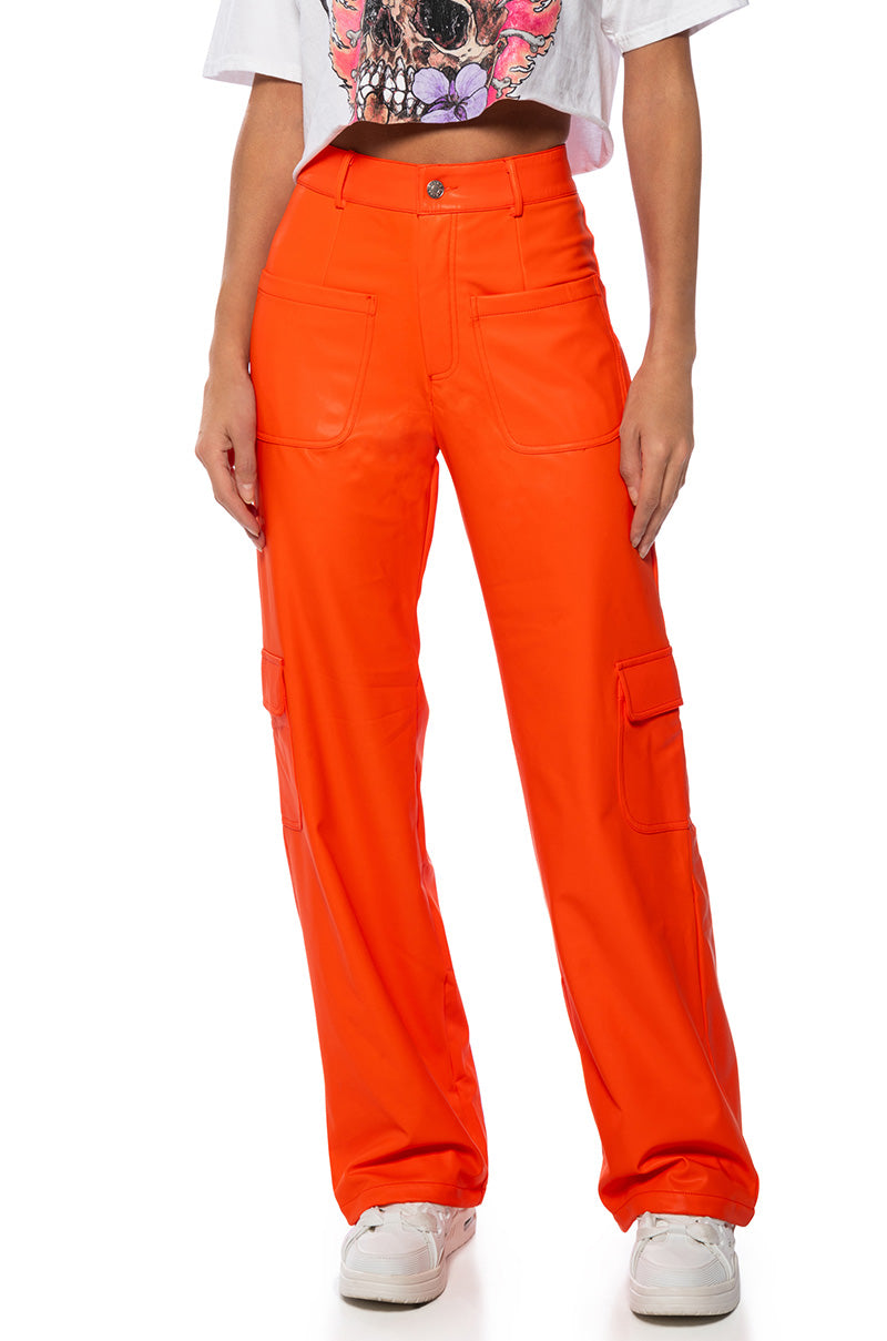 Front View Undeniable Fit Faux Leather Cargo Pant In Orange