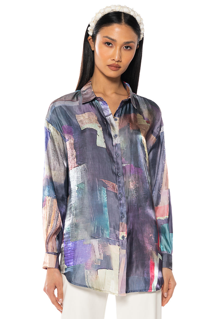 Front View Under The Lights Satin Button Down