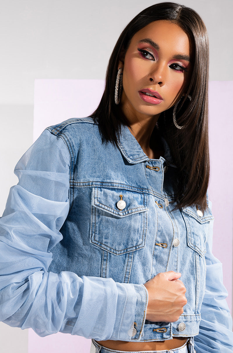 Front View Unforgettable Tulle Ruched Arm Denim Jacket