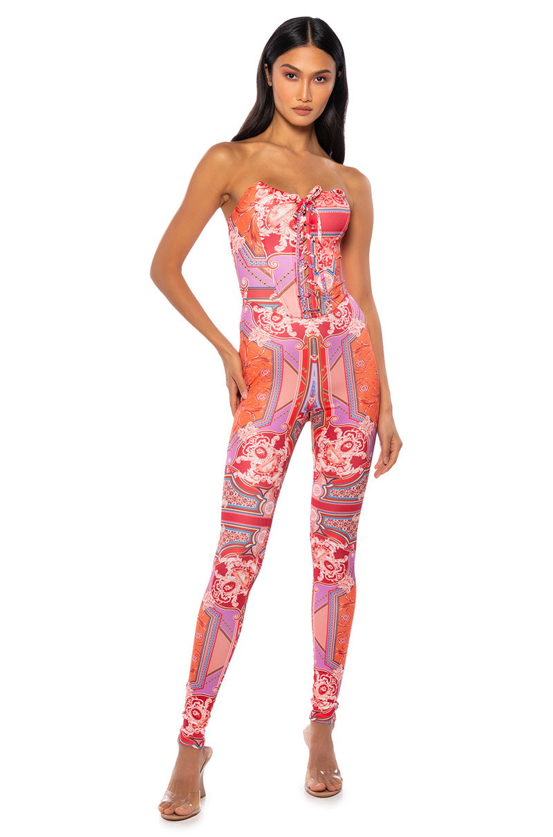 UNMATCHED PATTERNED CORSET JUMPSUIT view 0