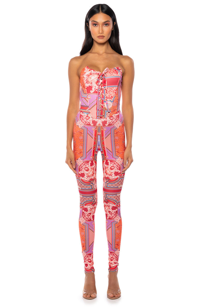 Extra View Unmatched Patterned Corset Jumpsuit