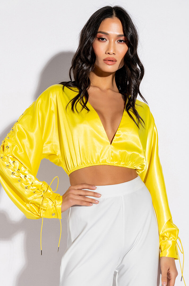 Front View Unproblematic Lace Up Sleeves Satin Blouse