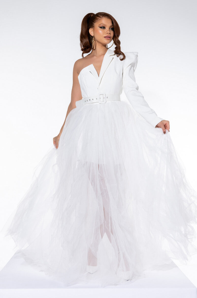 UNSTOPPABLE TULLE BLAZER MAXI DRESS WHITE view 0