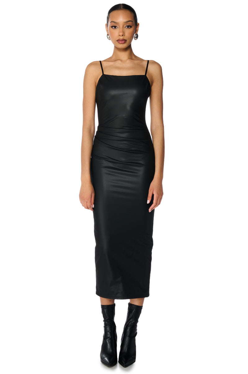 UP TO NO GOOD SLEEVELESS FAUX LEATHER MIDI DRESS WITH FOUR WAY STRETCH