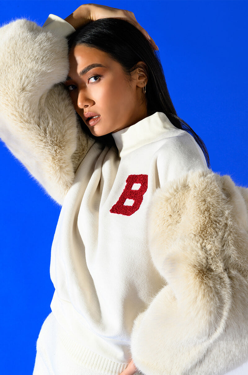 Front View Upper East Side Faux Fur Sleeve Sweatshirt 0