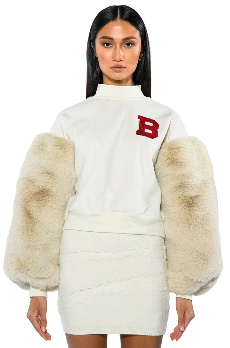 Detail View Upper East Side Faux Fur Sleeve Sweatshirt 3