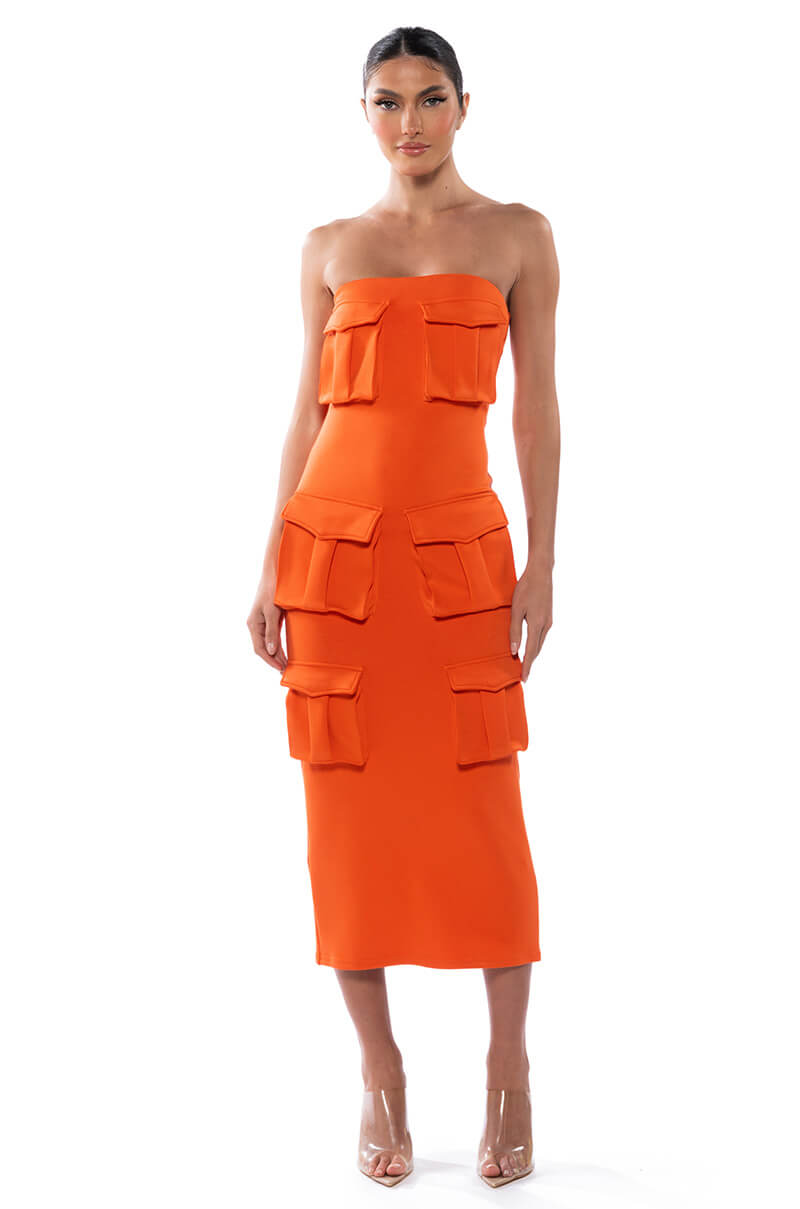 Front View Utility Detail Strapless Midi Dress