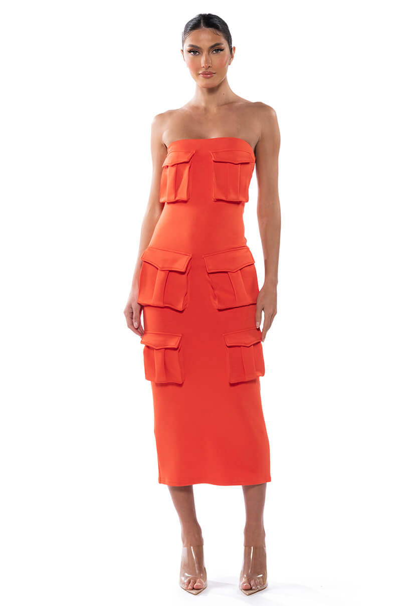 Front View Utility Detail Strapless Midi Dress