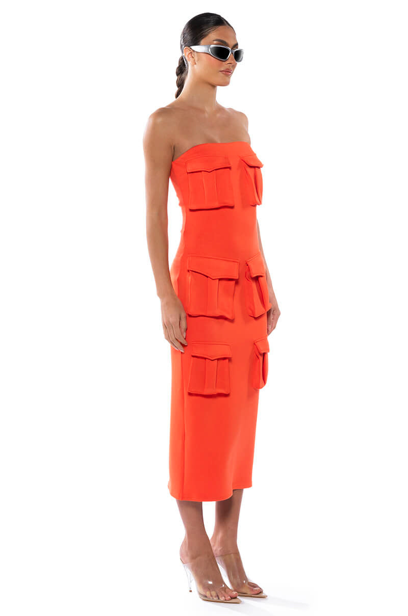 Side View Utility Detail Strapless Midi Dress