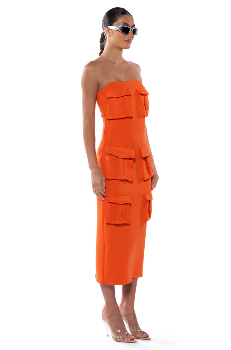 Side View Utility Detail Strapless Midi Dress