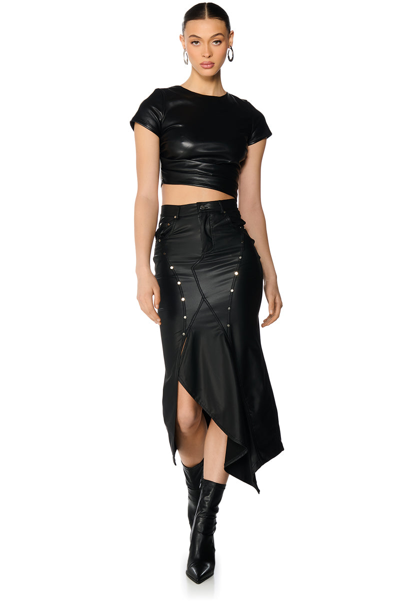 Side View Valentina Short Sleeve Faux Leather Crop Shirt 1