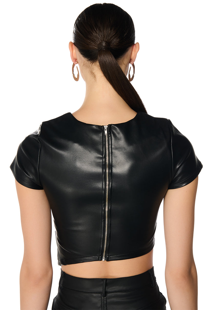 Full View Valentina Short Sleeve Faux Leather Crop Shirt 4
