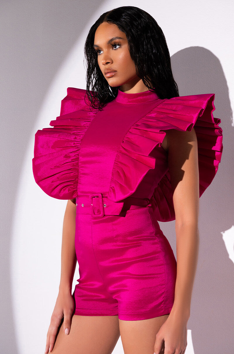 Front View Valentina Taffeta Ruffle Sleeve Romper