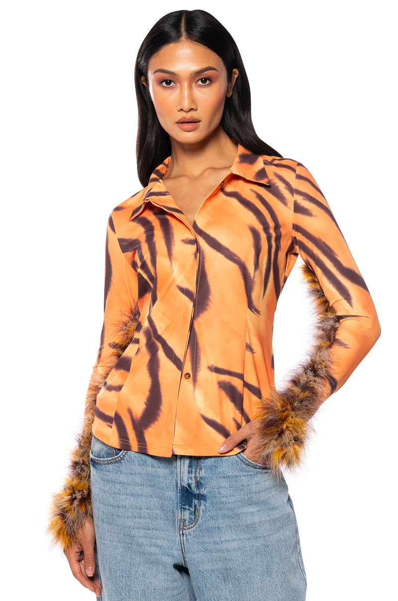 Front View Valeria Graphic Feather Trim Button Down 0